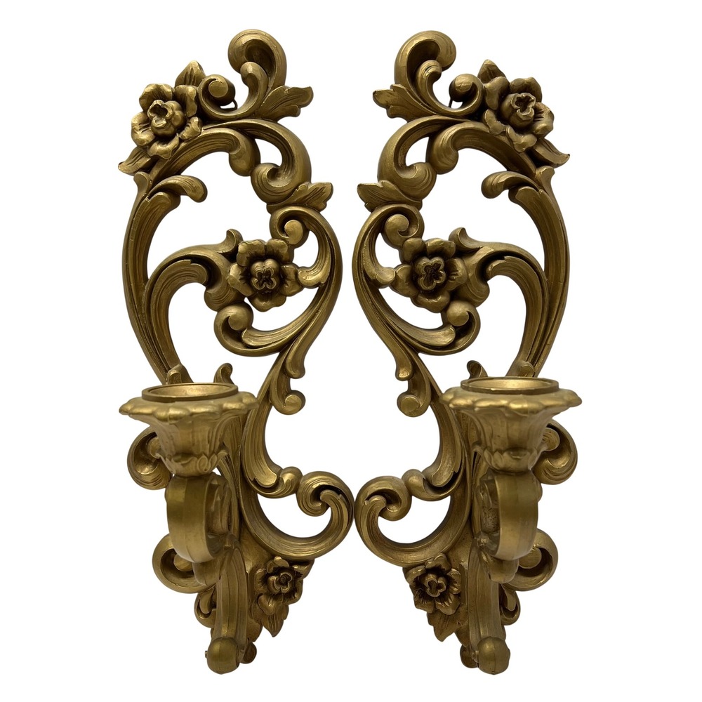 Homco Wall Sconces Candle Holders Set of 2 Gold Floral Hollywood Regency VTG 70s
